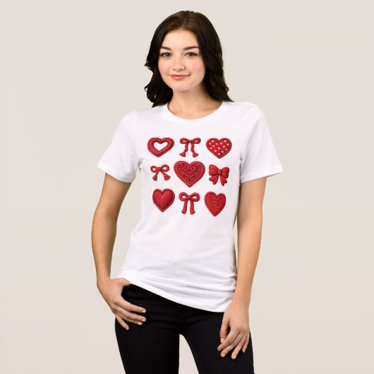 Red 3D Texture Hearts and Bows Coquette Aesthetic  トライブレンドＴシャツ (正面全面)