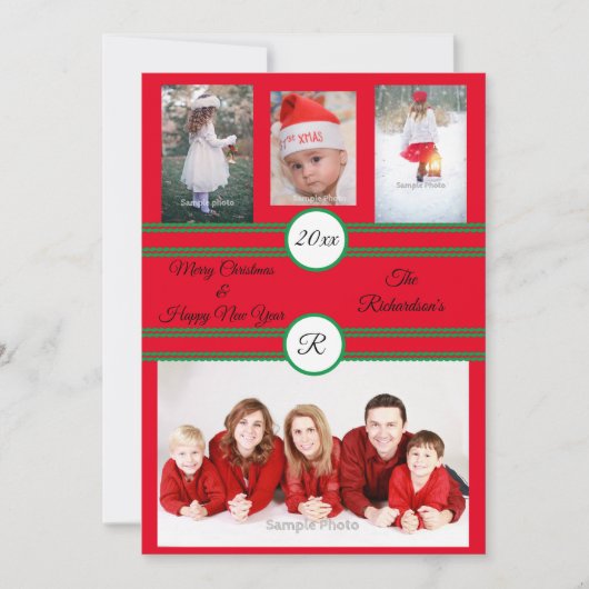 Red 4 Photo Customizable Holiday Card シーズンカード (正面)