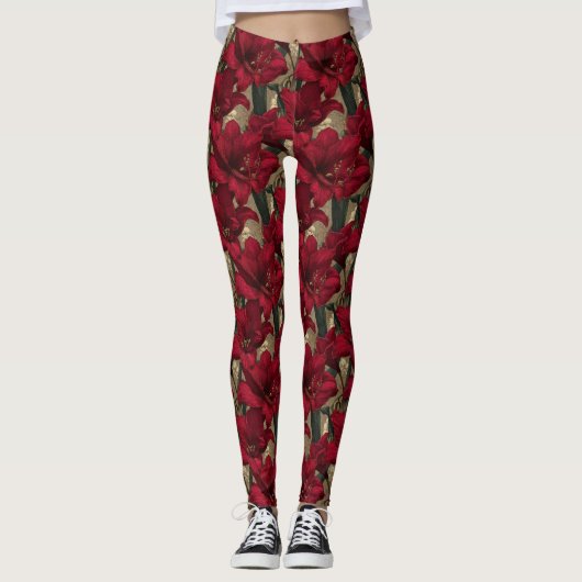 Red Active Wear Amaryllis Sparkle Mothers Day Idea レギンス (正面)