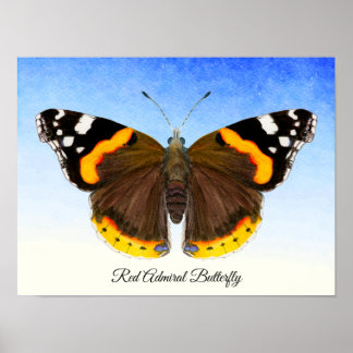 Red Admiral Butterfly Watercolor Painting Poster ポスター