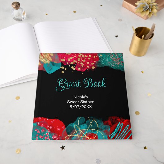 Red Alcohol Ink Sweet 16 Birthday Party  ゲストブック (正面見開き)