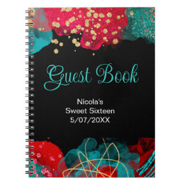 Red Alcohol Ink Sweet 16 Birthday Party Guest Book ノートブック