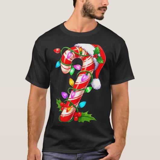Red &amp; White Candy Cane Crew Christmas Santa Ha Tシャツ (正面)