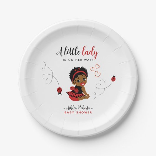 Red and Black African American Ladybug Baby Shower ペーパープレート (正面)