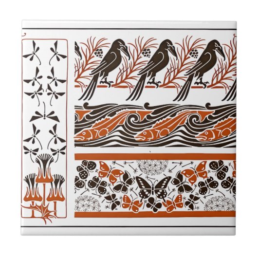 red and black Birds fish Butterfly art pattern タイル (正面)