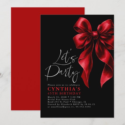 Red and Black Bow Luxury Elegant Gala Birthday 招待状 (正面/裏面)