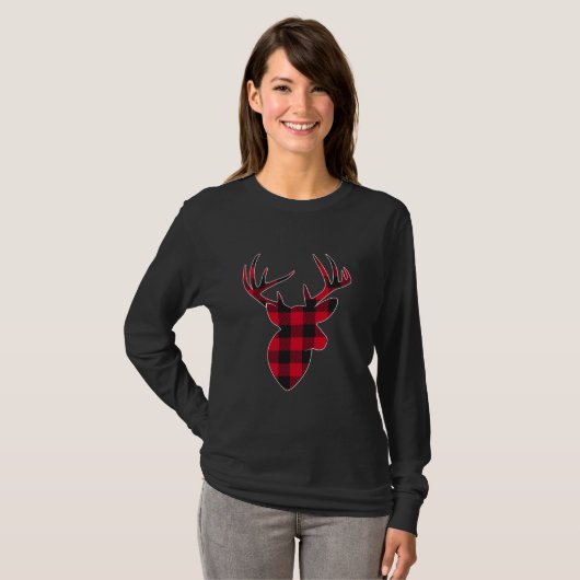 Red And Black Buffalo Plaid Lumberjack Deer Head Tシャツ (正面フル)