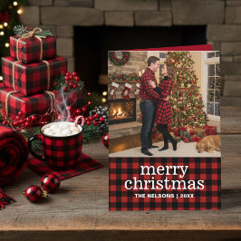 Red and Black Buffalo Plaid Merry Christmas Photo  シーズンカード