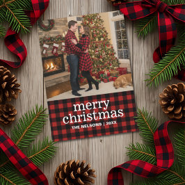 Red and Black Buffalo Plaid Merry Christmas Photo  シーズンカード