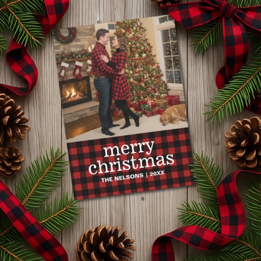 Red and Black Buffalo Plaid Merry Christmas Photo シーズンカード