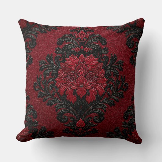 Red and Black Damask Patterned クッション (正面)
