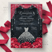 Red and Black Diamond Floral Quinceanera 招待状