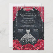 Red and Black Diamond Floral Quinceanera 招待状 (正面)
