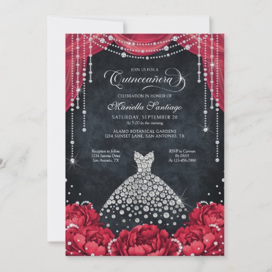 Red and Black Diamond Floral Quinceanera 招待状 (正面)