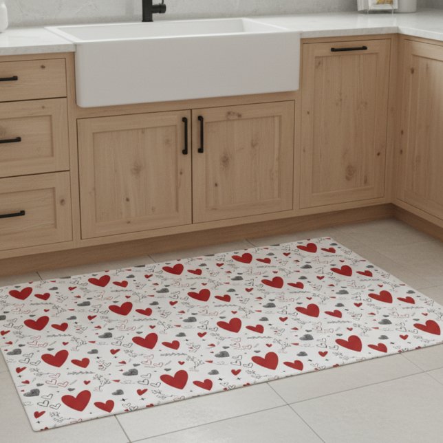 Red and Black Doodle Hearts Love  ドアマット (fun red and black hearts doodles hand drawn love valentines february rug doormat)
