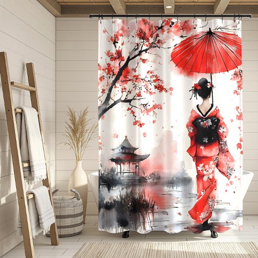 Red and Black Floral Geisha | シャワーカーテン