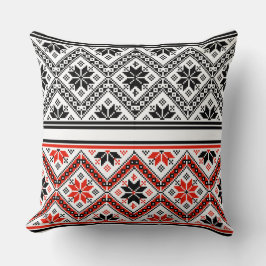 Red and Black Folk Art Geometric Pattern Throw クッション