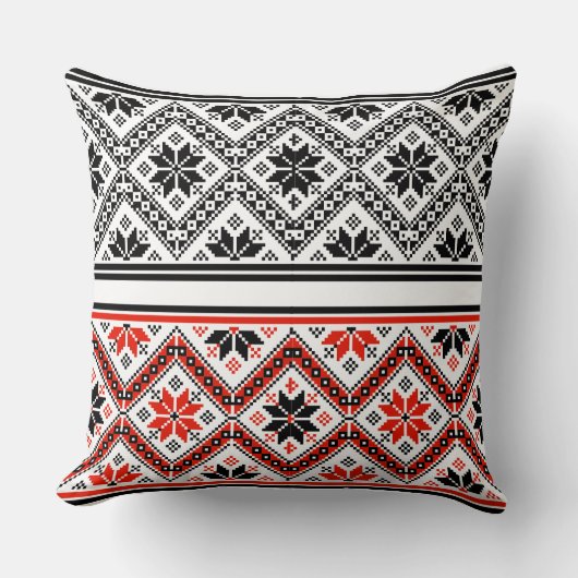 Red and Black Folk Art Geometric Pattern Throw クッション (正面)