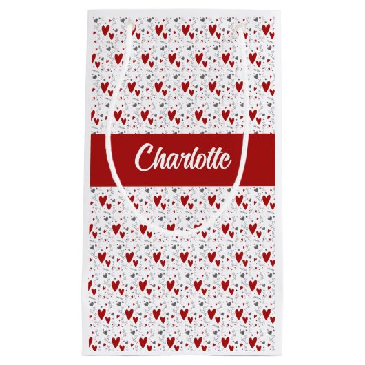 Red and Black Hearts Custom Monogram Name スモールペーパーバッグ (正面)