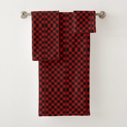Red and black plaid towels hang on a silver towel バスタオルセット