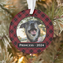 Red and Black Tartan Plaid Dog Photo Christmas オーナメント