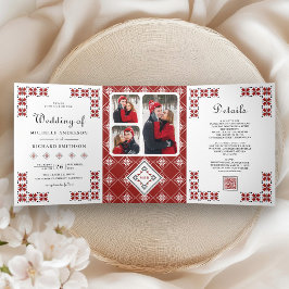 Red and Black Ukrainian Embroidery QR Code Wedding 三つ折り招待状