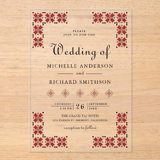 Red and Black Ukrainian Embroidery Wedding アクリル招待状 (正面)