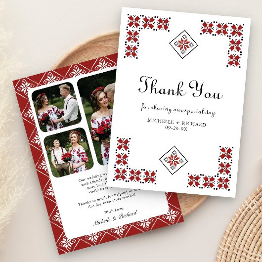 Red and Black Ukrainian Embroidery Wedding サンキューカード