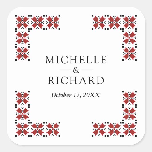 Red and Black Ukrainian Embroidery Wedding スクエアシール (正面)