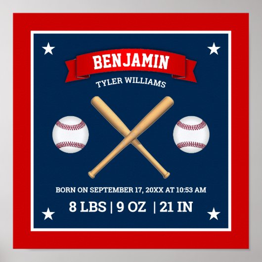 Red and Blue Baseball Bats and Balls Birth Stats ポスター (正面)
