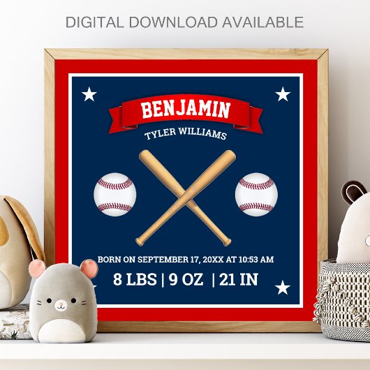 Red and Blue Baseball Bats and Balls Birth Stats ポスター