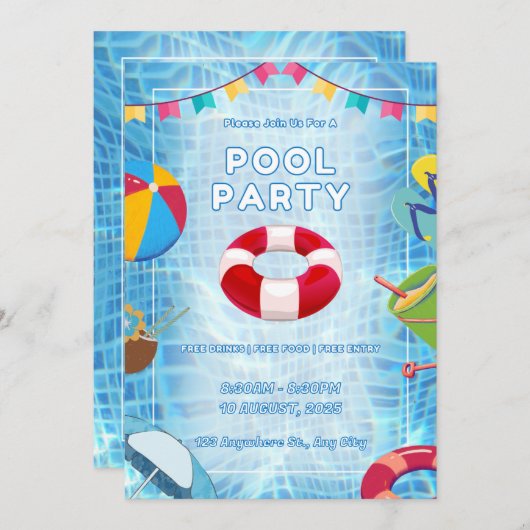 Red And Blue Bold Pool Party 招待状 (正面/裏面)