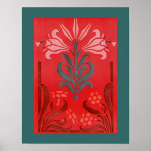 Red And Blue Floral Stencil Art Poster ポスター