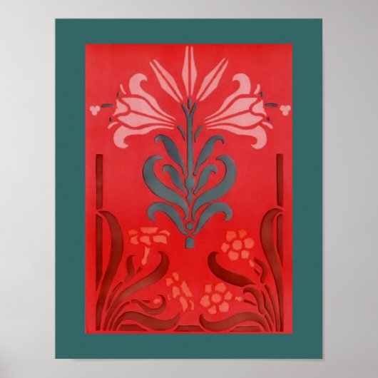 Red And Blue Floral Stencil Art Poster ポスター (正面)