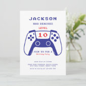 Red and Blue Level Up Gamer Boys Birthday Party 招待状 (スタンド正面)