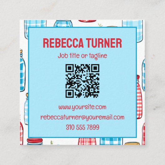 Red and Blue Mason Jar Pattern, QR Code スクエア名刺 (裏面)