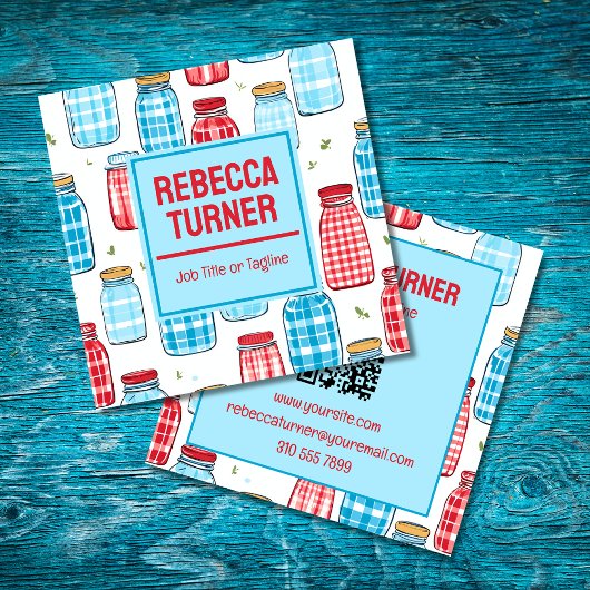 Red and Blue Mason Jar Pattern, QR Code スクエア名刺