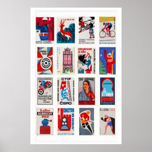 Red and Blue Matchbox Label Collage, bold graphic ポスター (正面)