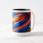 Red and Blue Planet with Rings ツートーンマグカップ (正面右)