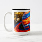 Red and Blue Planet with Rings ツートーンマグカップ (左)