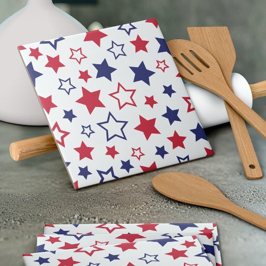 Red and Blue Stars, 4th of July, White Background タイル
