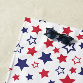 Red and Blue Stars, 4th of July, White Background ビーチタオル