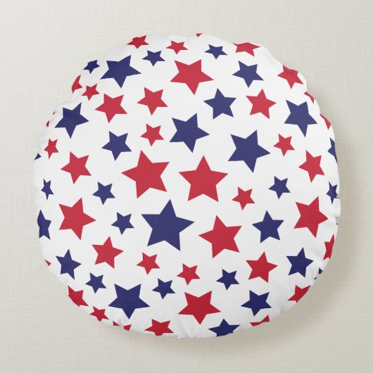 Red and Blue Stars, 4th of July, White Background ラウンドクッション (正面)