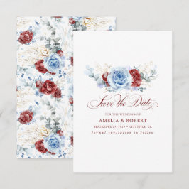 Red and Dusty Blue Floral Save the Date セーブザデート