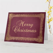 Red and Faux Gold Ornate Border Merry Christmas カード (黄色い花)