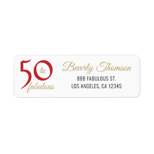 Red and Gold 50 and Fabulous 50th Birthday Script ラベル