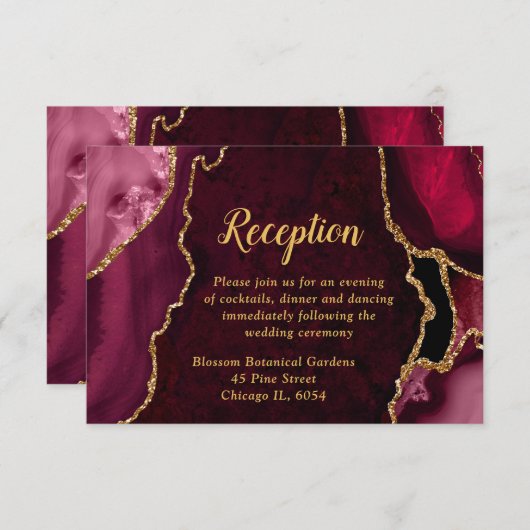 Red and Gold Agate Agate Wedding Reception エンクロージャーカード (正面/裏面)