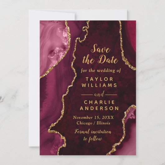 Red and Gold Agate Marble Save The Date 招待状 (正面)