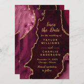 Red and Gold Agate Marble Save The Date 招待状 (正面/裏面)