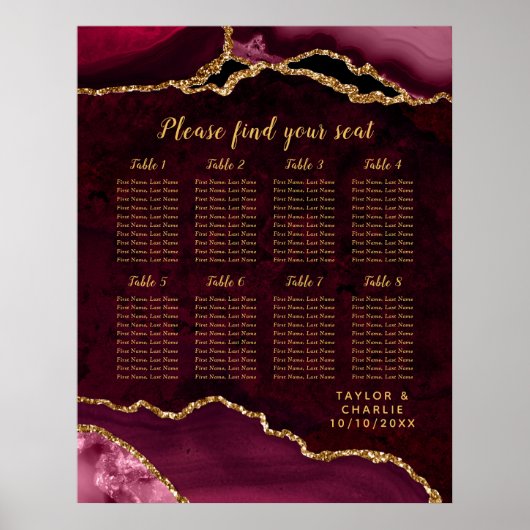 Red and Gold Agate Wedding Seating Chart ポスター (正面)